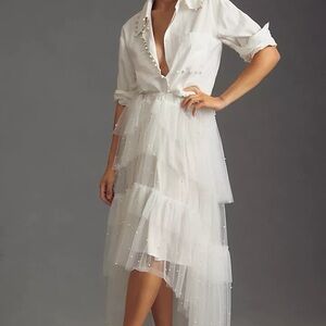 Maeve Pearl-Embellished White High-Low Tulle Skirt